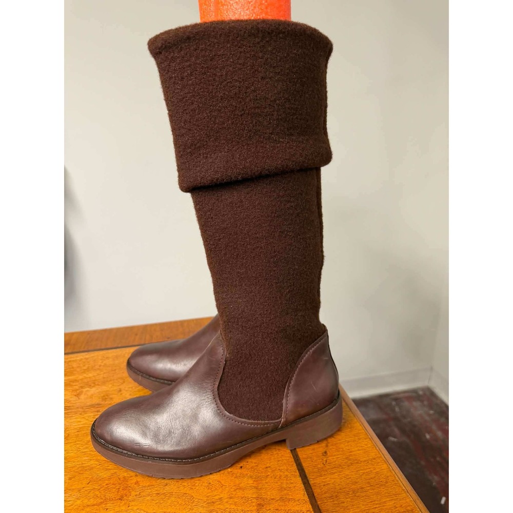 FitFlop Womens 6 Brown Leather Wool Felt Tall Boots Y91-167 Mixed Media Cuffed